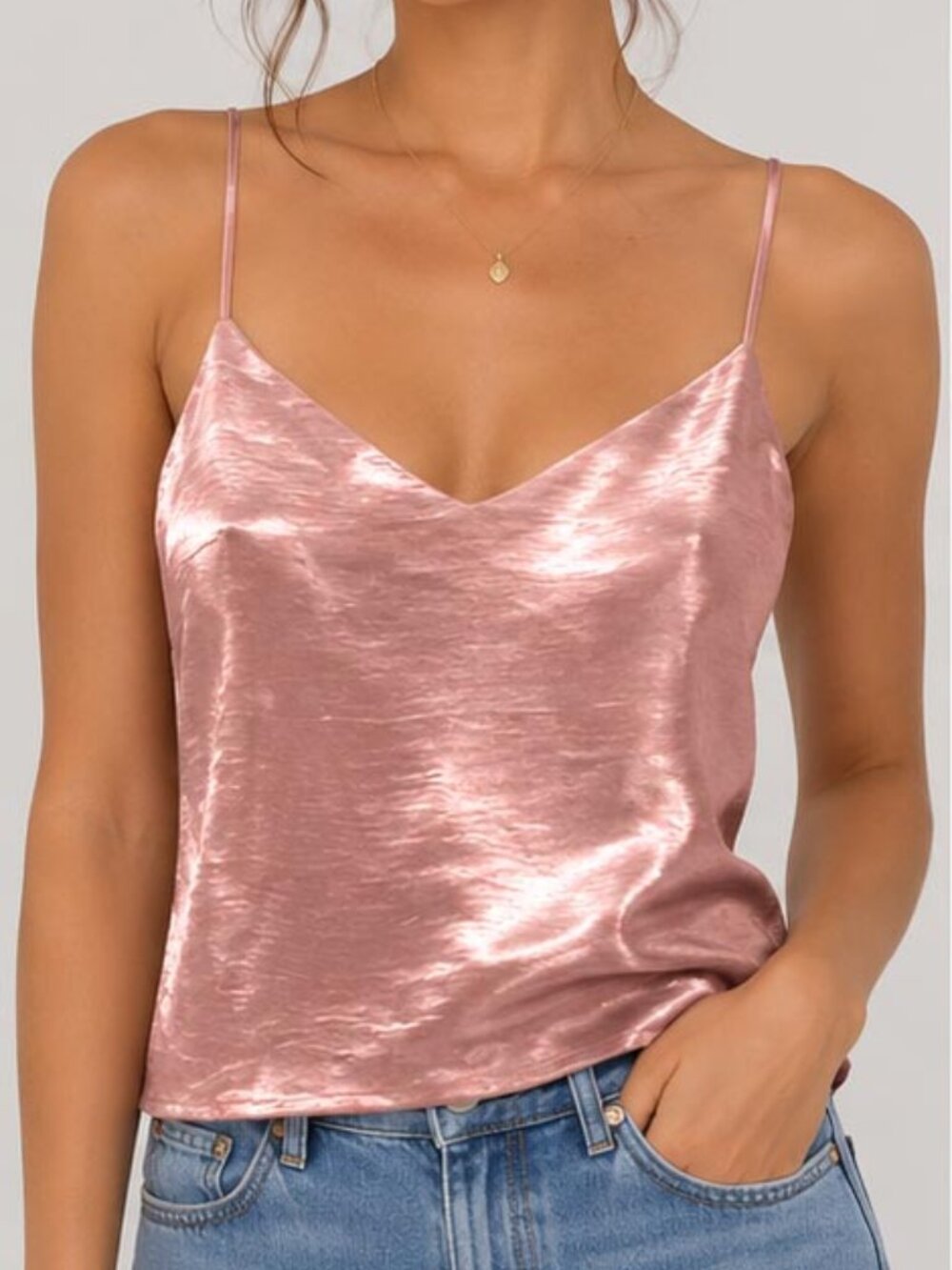 Blush Pink High-Shine Satin Camisole Tank Top